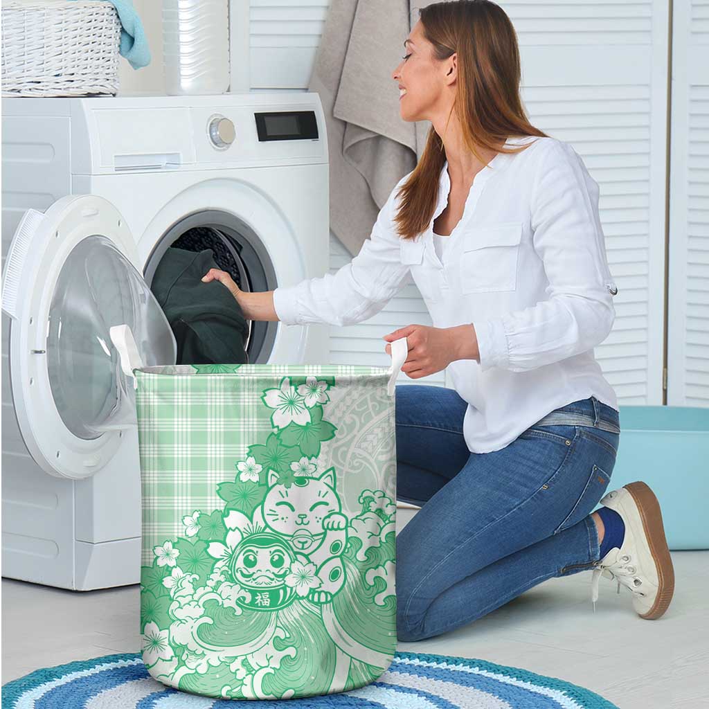 Green Palaka Hawaiian And Japanese Laundry Basket Maneki Neko And Sakura Bloom DT05 - Polynesian Pride