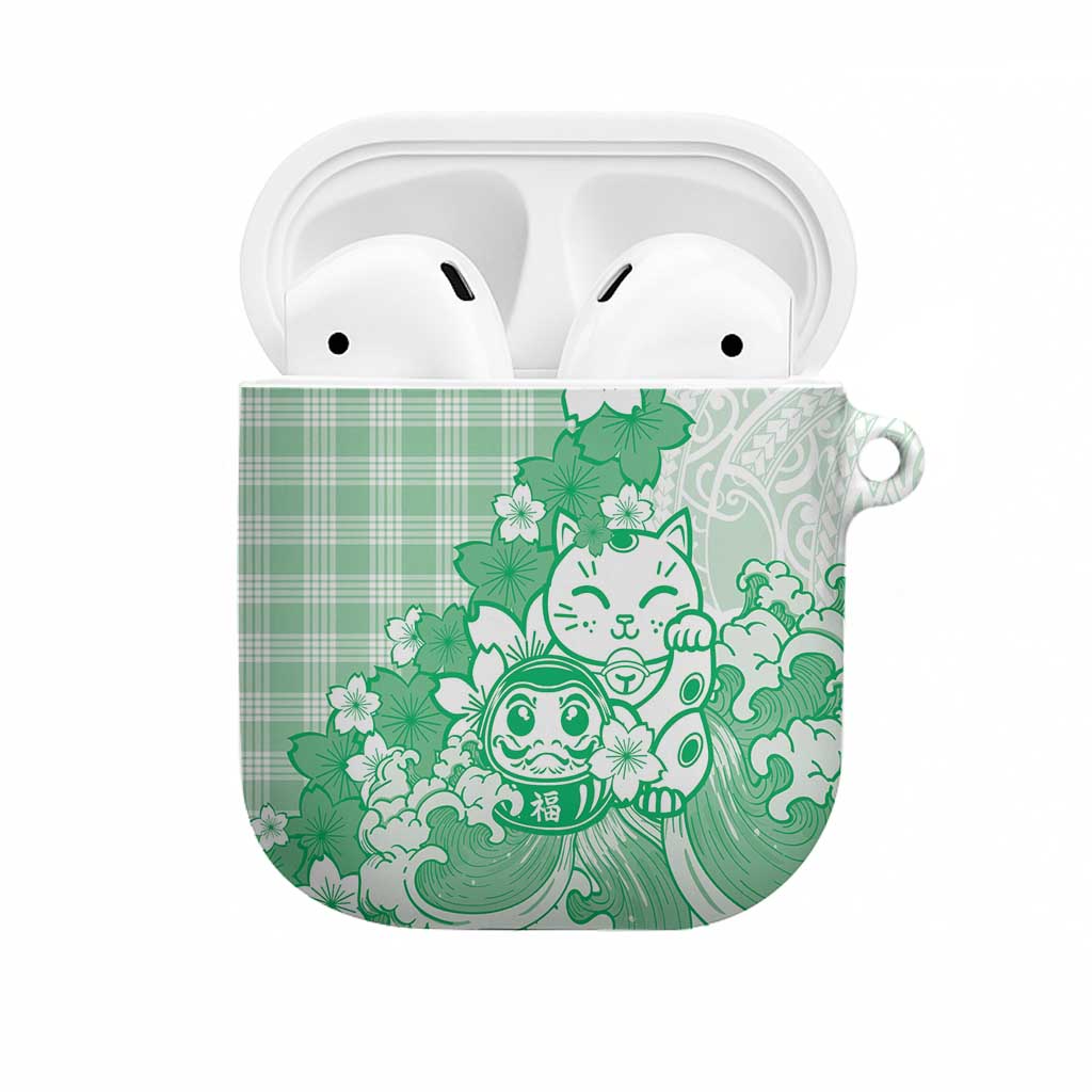 Green Palaka Hawaiian And Japanese AirPods Case Maneki Neko And Sakura Bloom