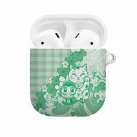 Green Palaka Hawaiian And Japanese AirPods Case Maneki Neko And Sakura Bloom