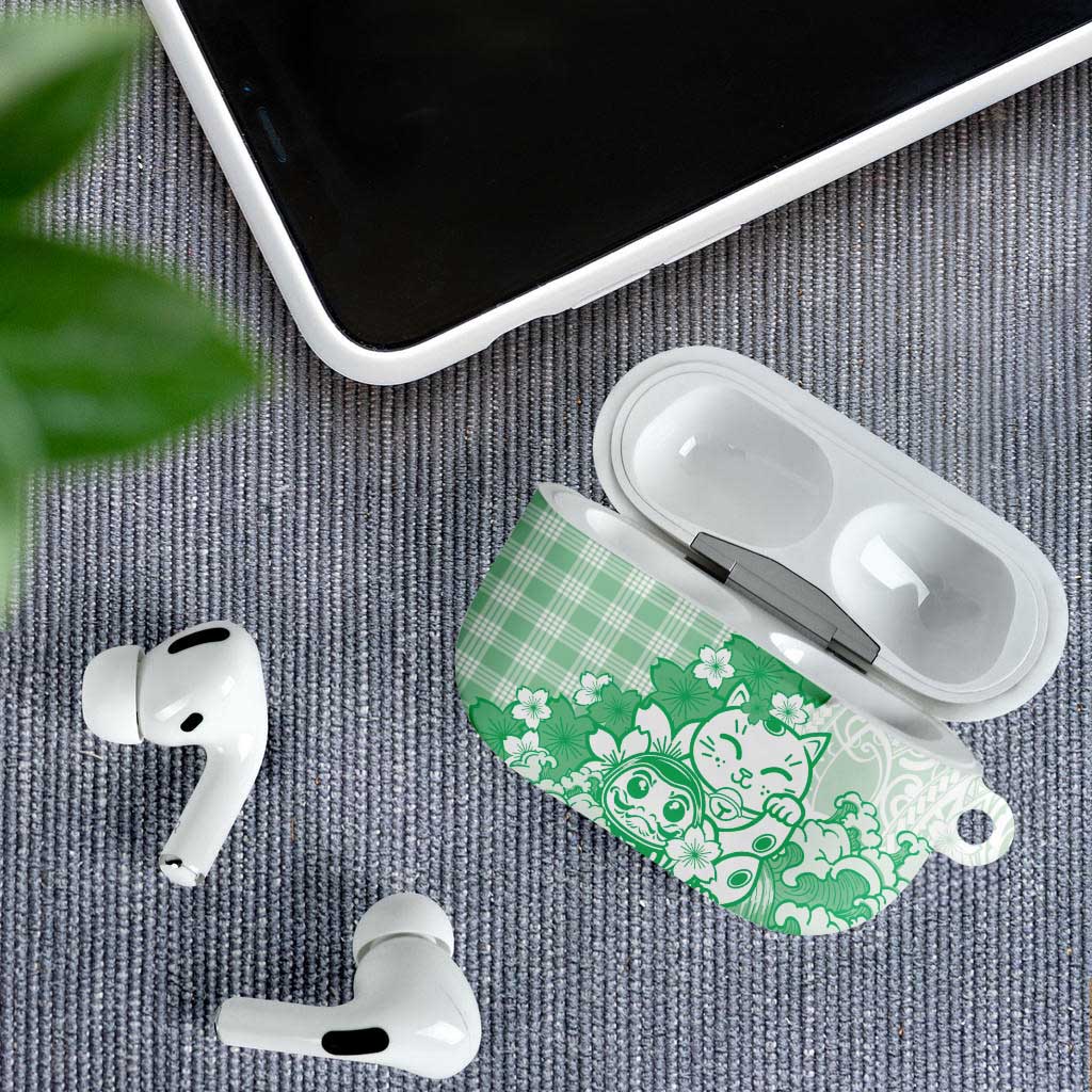 Green Palaka Hawaiian And Japanese AirPods Case Maneki Neko And Sakura Bloom