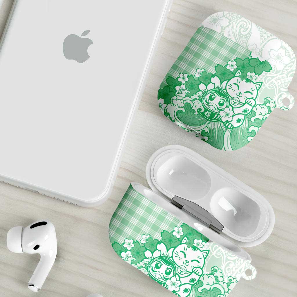 Green Palaka Hawaiian And Japanese AirPods Case Maneki Neko And Sakura Bloom