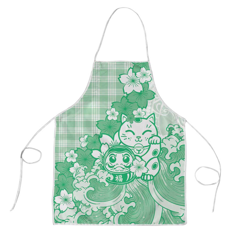 Green Palaka Hawaiian And Japanese Apron Maneki Neko And Sakura Bloom DT05 Green - Polynesian Pride