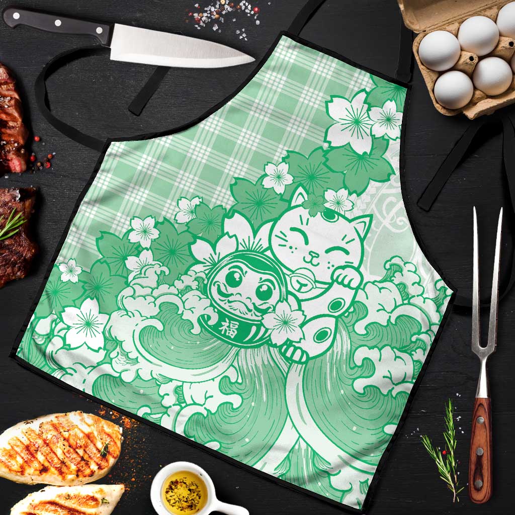 Green Palaka Hawaiian And Japanese Apron Maneki Neko And Sakura Bloom DT05 Green - Polynesian Pride