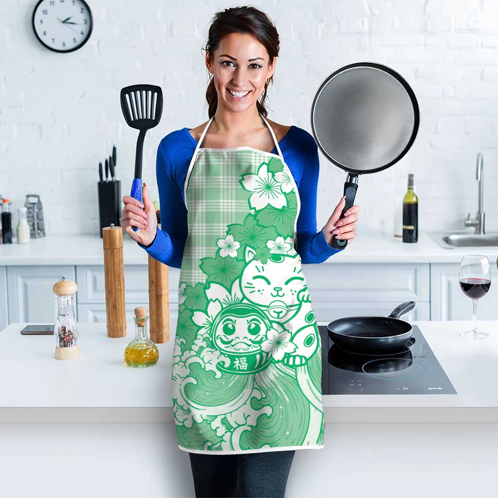 Green Palaka Hawaiian And Japanese Apron Maneki Neko And Sakura Bloom DT05 - Polynesian Pride