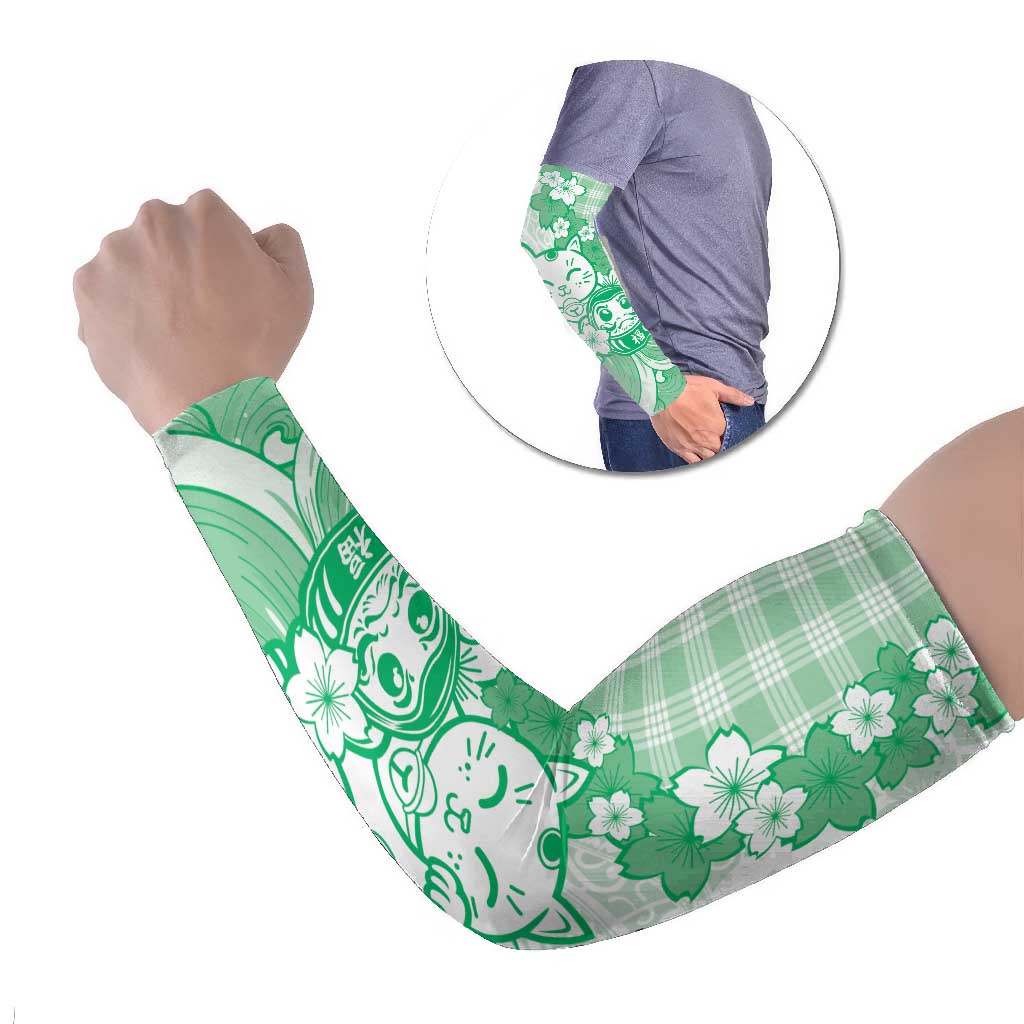 Green Palaka Hawaiian And Japanese Arm Sleeves Maneki Neko And Sakura Bloom DT05 Set of 2 Green - Polynesian Pride