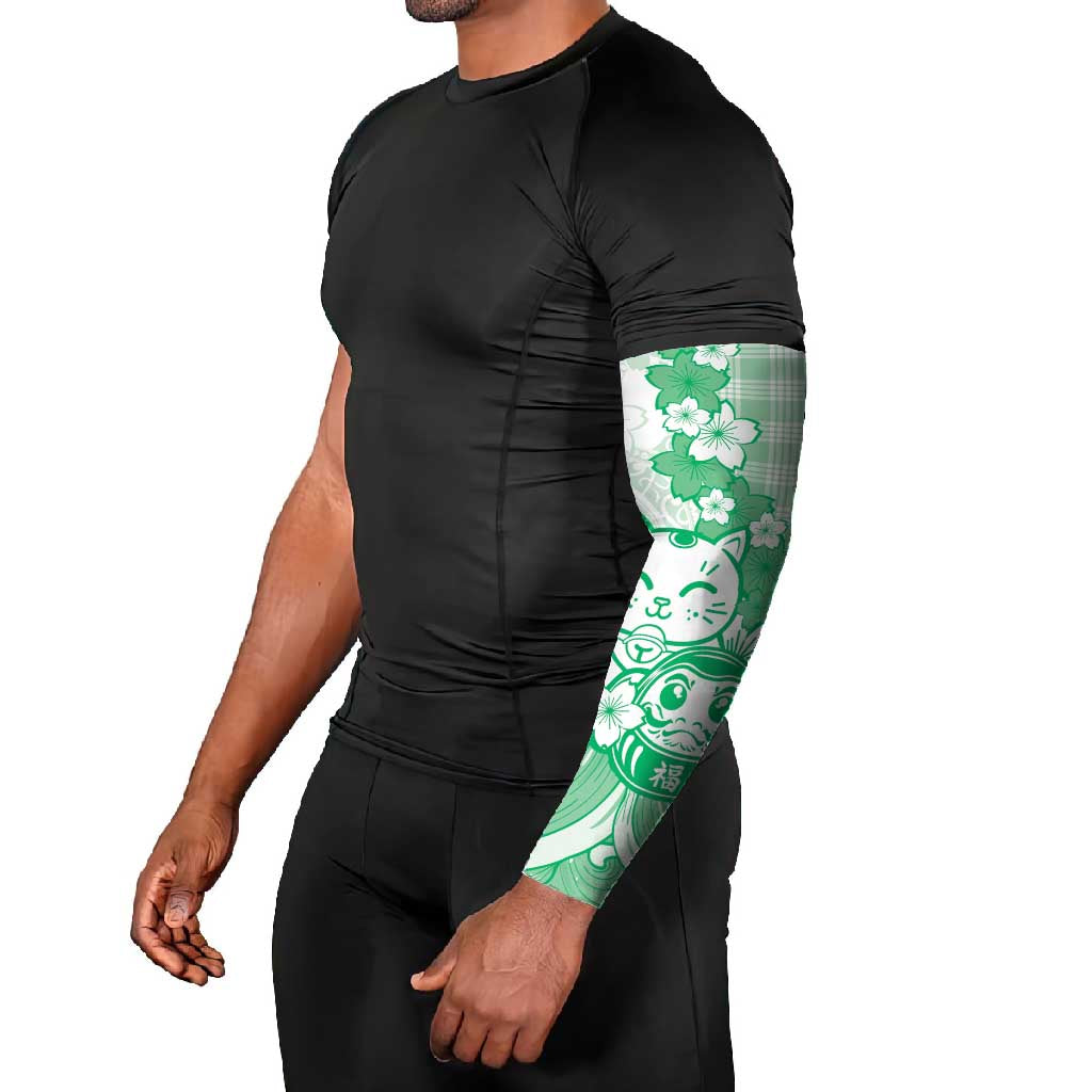 Green Palaka Hawaiian And Japanese Arm Sleeves Maneki Neko And Sakura Bloom DT05 - Polynesian Pride