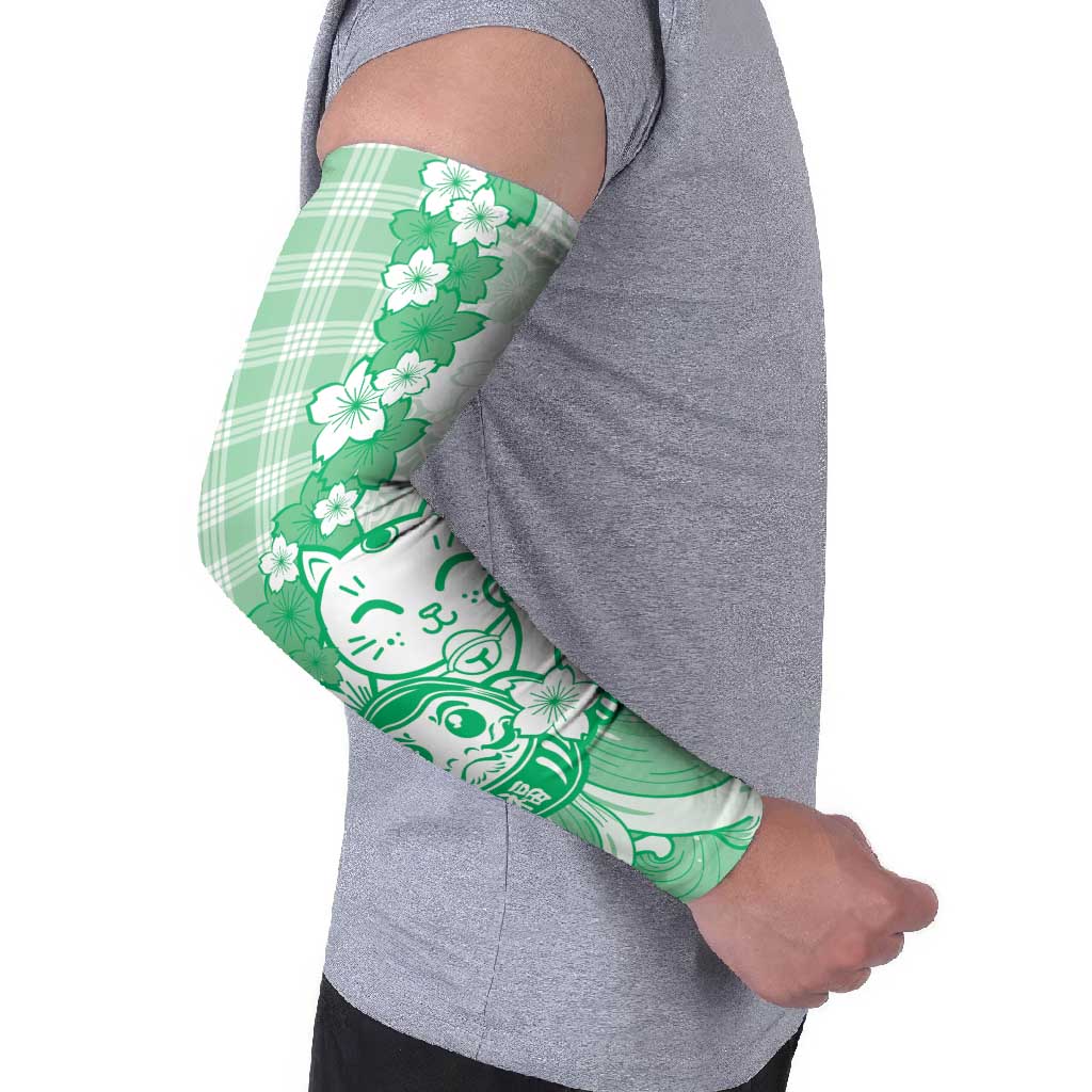 Green Palaka Hawaiian And Japanese Arm Sleeves Maneki Neko And Sakura Bloom DT05 - Polynesian Pride