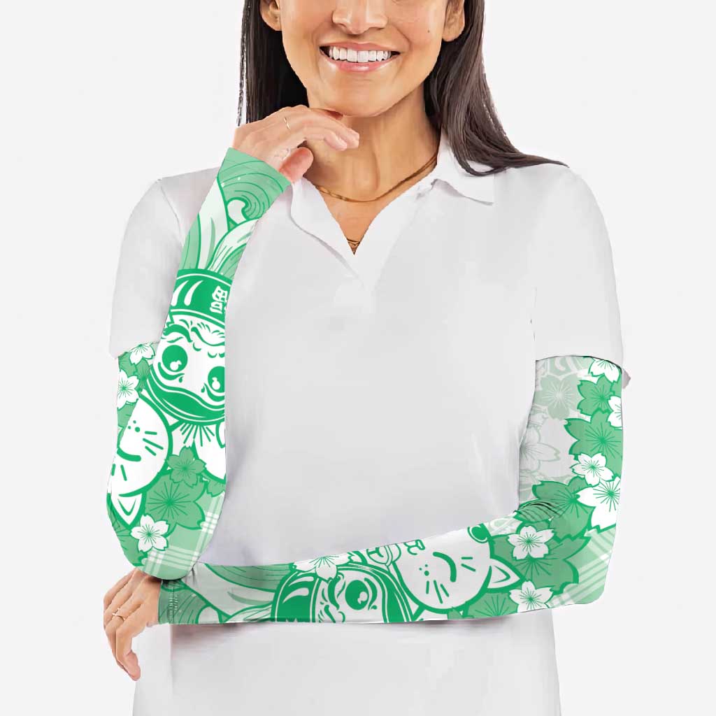 Green Palaka Hawaiian And Japanese Arm Sleeves Maneki Neko And Sakura Bloom DT05 - Polynesian Pride