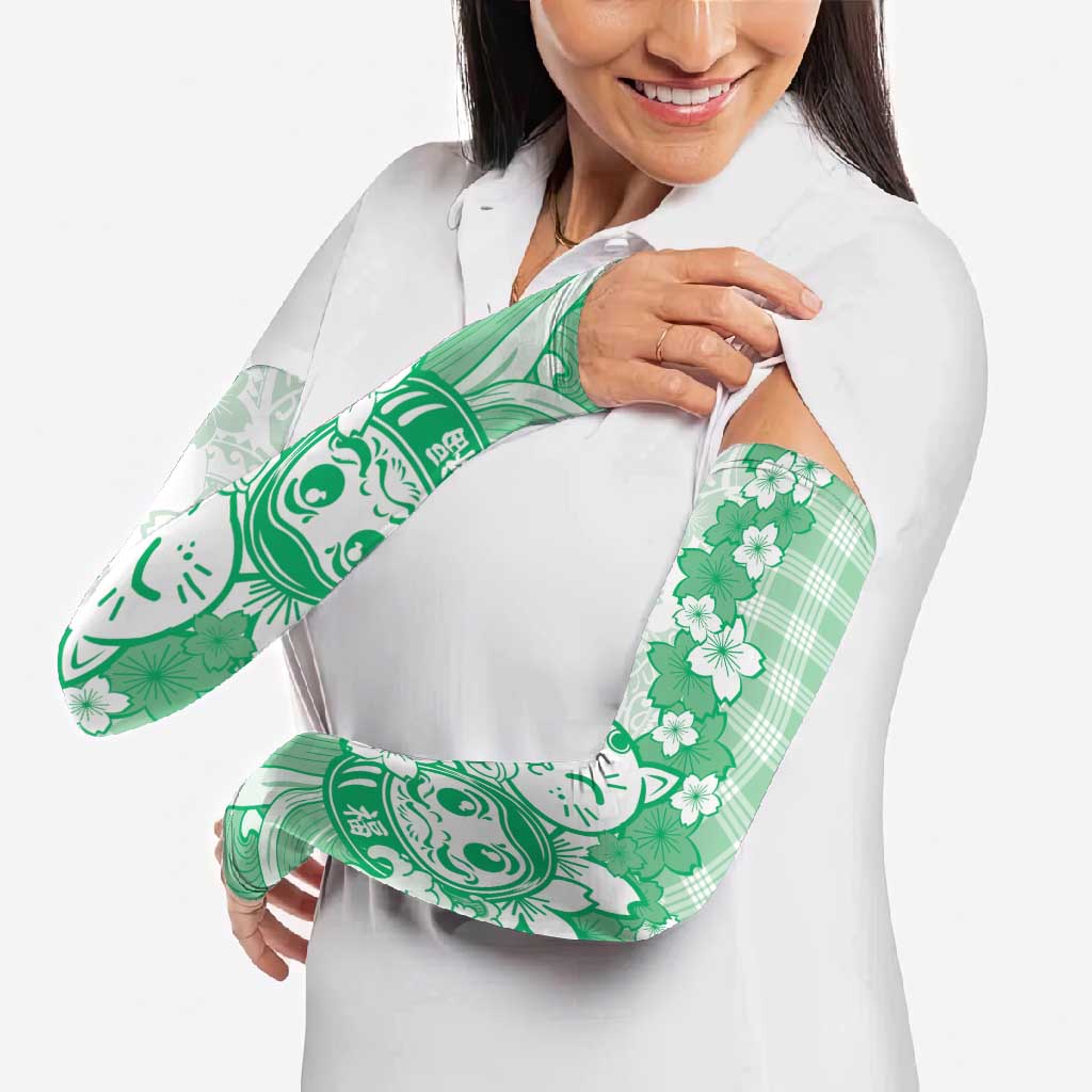 Green Palaka Hawaiian And Japanese Arm Sleeves Maneki Neko And Sakura Bloom DT05 - Polynesian Pride