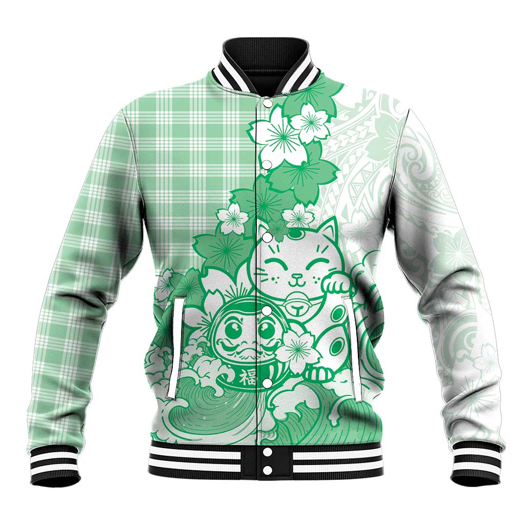 Green Palaka Hawaiian And Japanese Baseball Jacket Maneki Neko And Sakura Bloom DT05 Unisex Green - Polynesian Pride