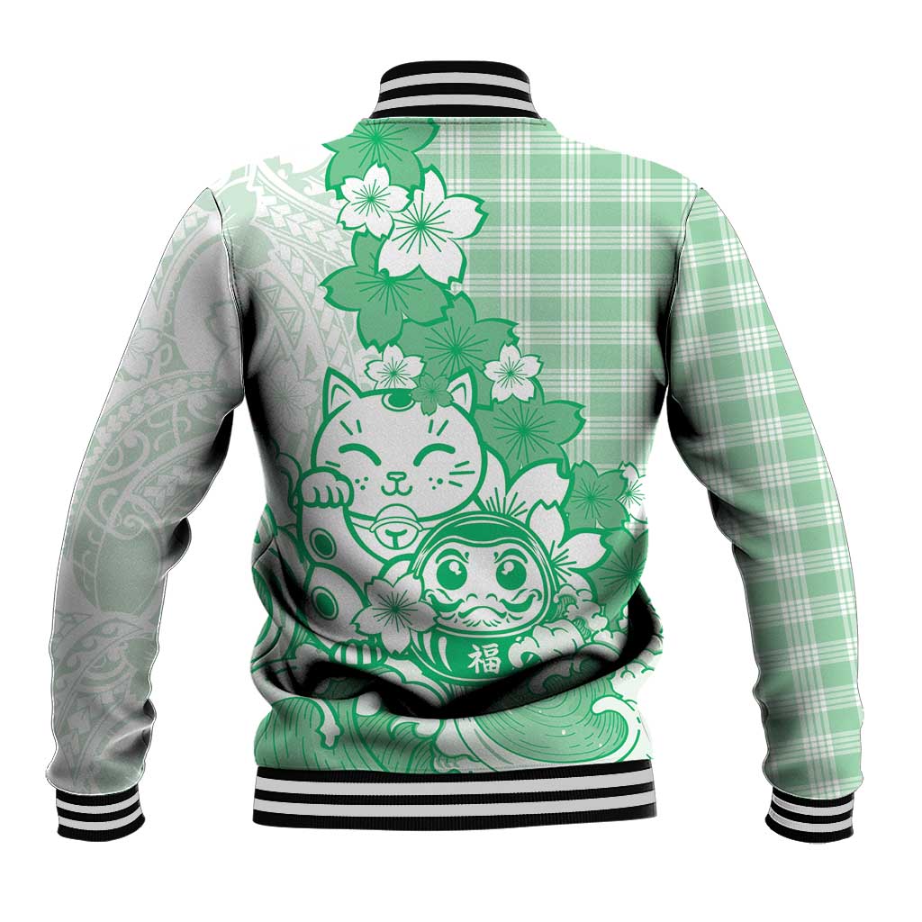 Green Palaka Hawaiian And Japanese Baseball Jacket Maneki Neko And Sakura Bloom DT05 - Polynesian Pride