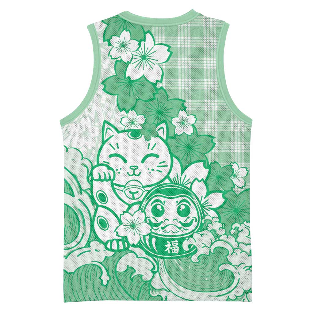 Green Palaka Hawaiian And Japanese Basketball Jersey Maneki Neko And Sakura Bloom DT05 - Polynesian Pride