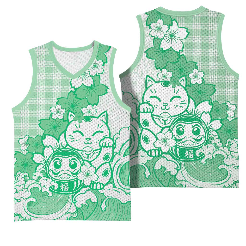 Green Palaka Hawaiian And Japanese Basketball Jersey Maneki Neko And Sakura Bloom DT05 - Polynesian Pride