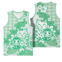 Green Palaka Hawaiian And Japanese Basketball Jersey Maneki Neko And Sakura Bloom DT05 - Polynesian Pride