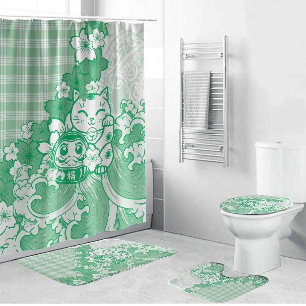 Green Palaka Hawaiian And Japanese Bathroom Set Maneki Neko And Sakura Bloom DT05 Bathroom Set (4 pcs) Green - Polynesian Pride