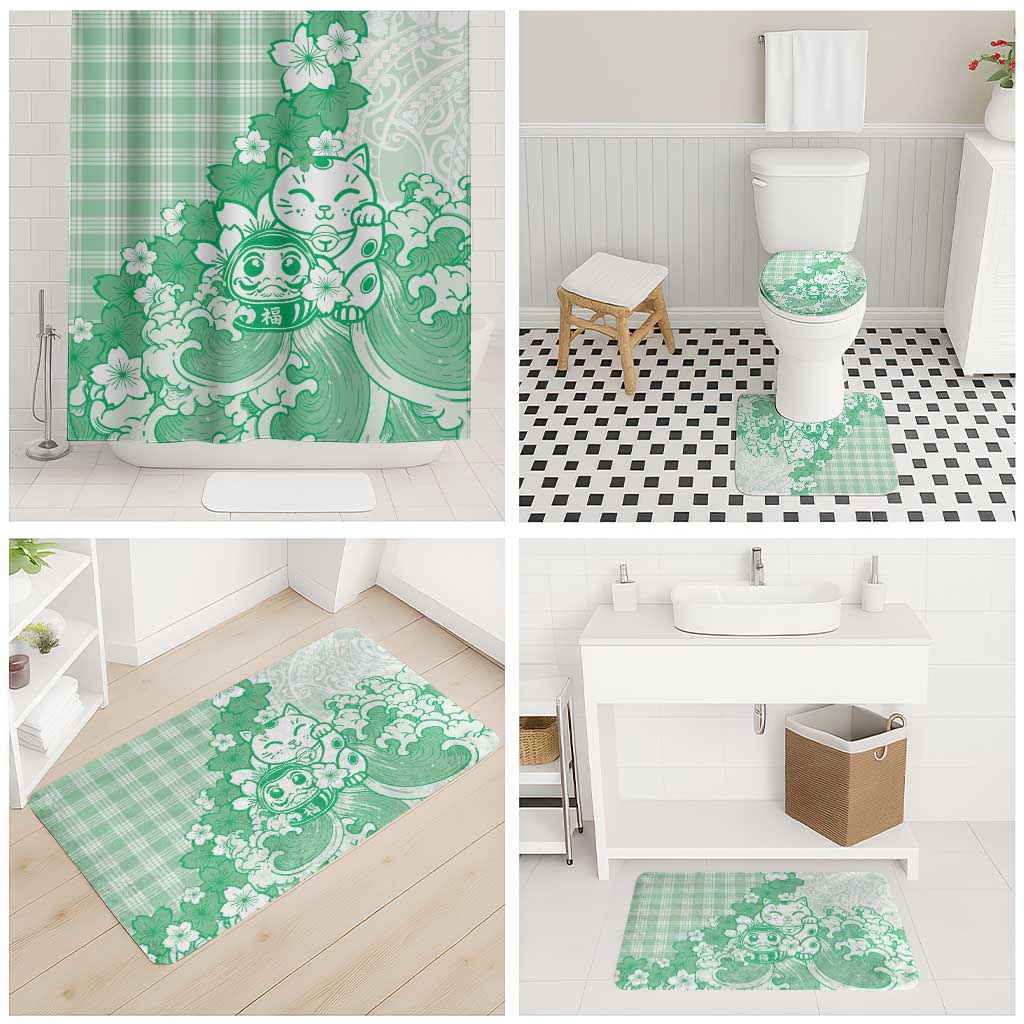 Green Palaka Hawaiian And Japanese Bathroom Set Maneki Neko And Sakura Bloom DT05 - Polynesian Pride