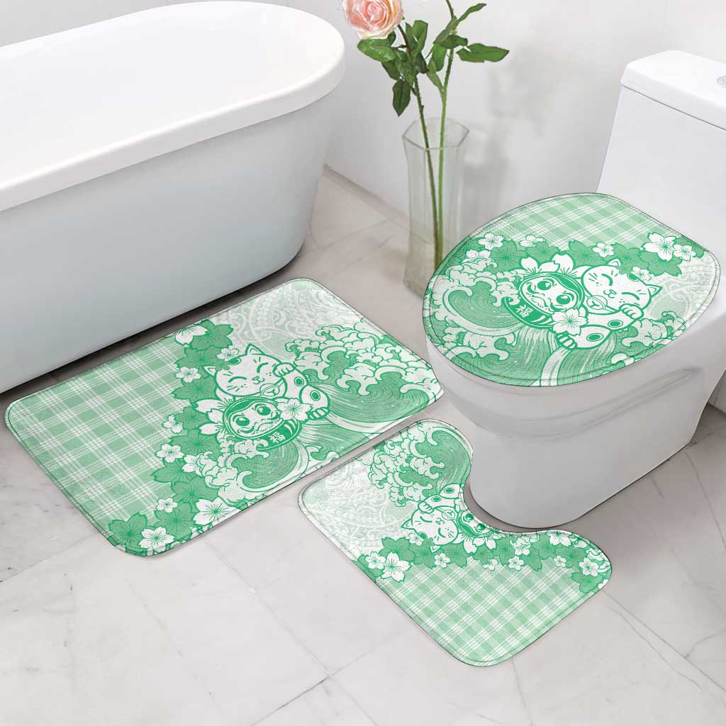 Green Palaka Hawaiian And Japanese Bathroom Set Maneki Neko And Sakura Bloom DT05 - Polynesian Pride