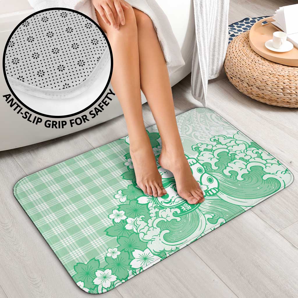 Green Palaka Hawaiian And Japanese Bathroom Set Maneki Neko And Sakura Bloom DT05 - Polynesian Pride