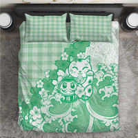 Green Palaka Hawaiian And Japanese Bedding Set Maneki Neko And Sakura Bloom DT05 Green - Polynesian Pride