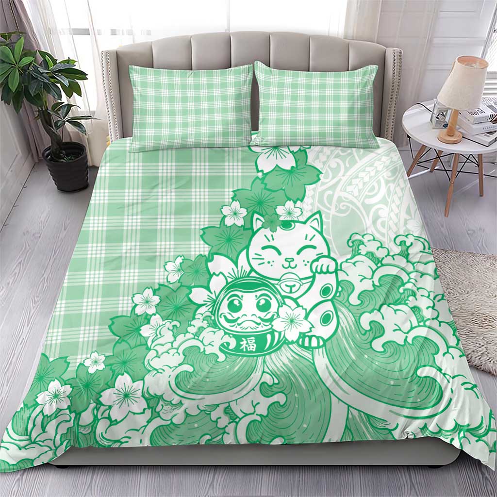 Green Palaka Hawaiian And Japanese Bedding Set Maneki Neko And Sakura Bloom DT05 - Polynesian Pride