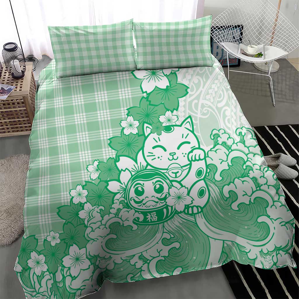 Green Palaka Hawaiian And Japanese Bedding Set Maneki Neko And Sakura Bloom DT05 - Polynesian Pride