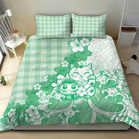 Green Palaka Hawaiian And Japanese Bedding Set Maneki Neko And Sakura Bloom DT05 - Polynesian Pride