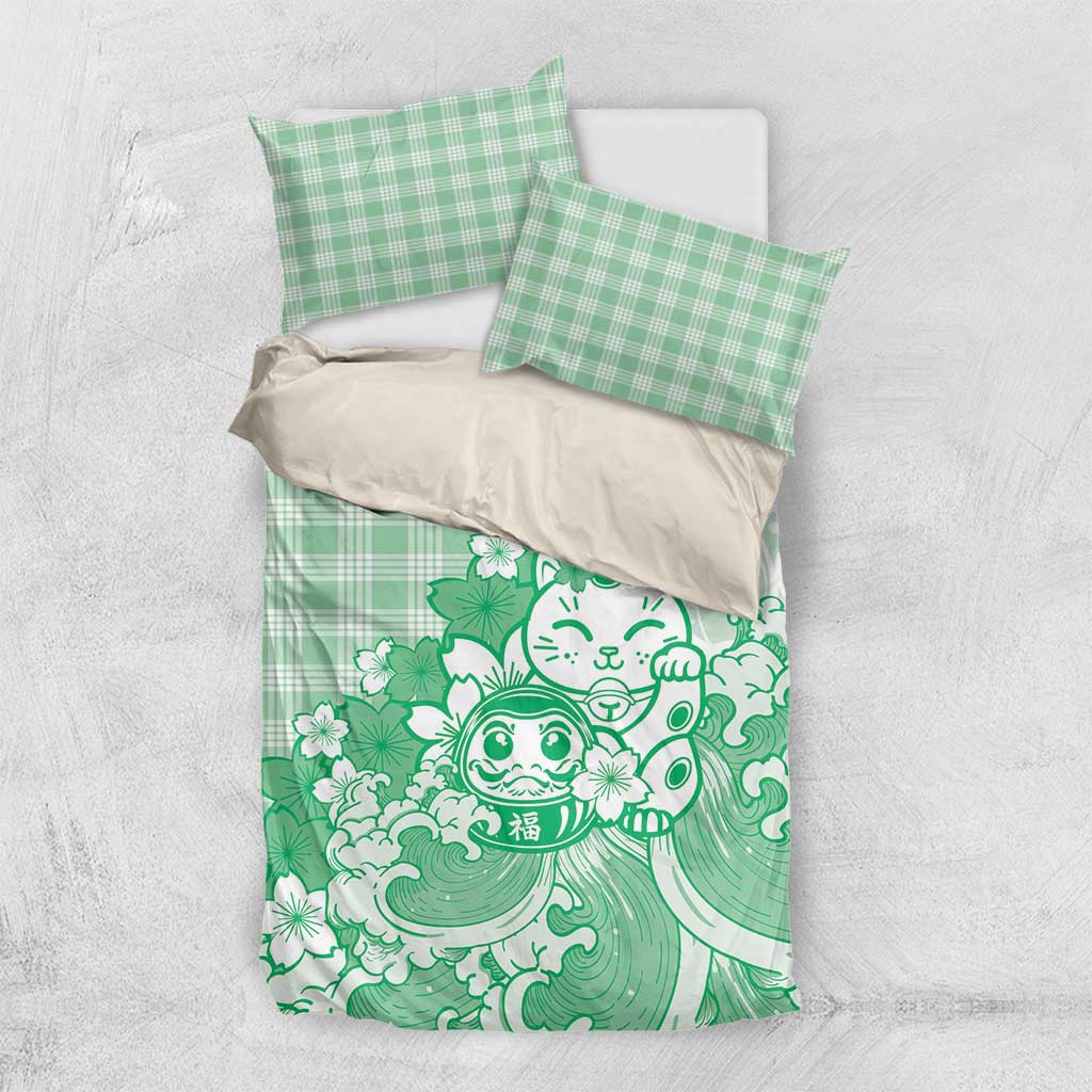 Green Palaka Hawaiian And Japanese Bedding Set Maneki Neko And Sakura Bloom DT05 US Twin 172cm x 218cm Green - Polynesian Pride