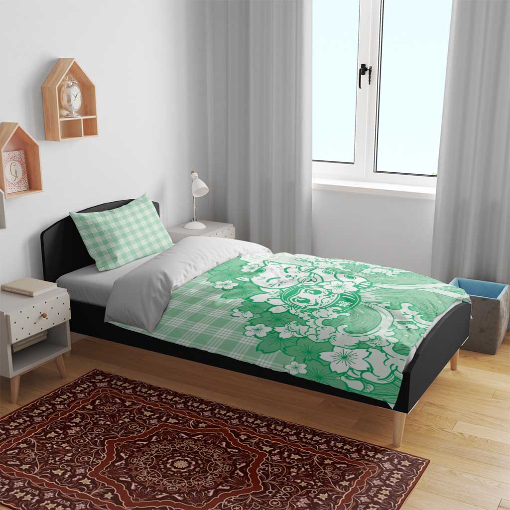 Green Palaka Hawaiian And Japanese Bedding Set Maneki Neko And Sakura Bloom DT05 - Polynesian Pride