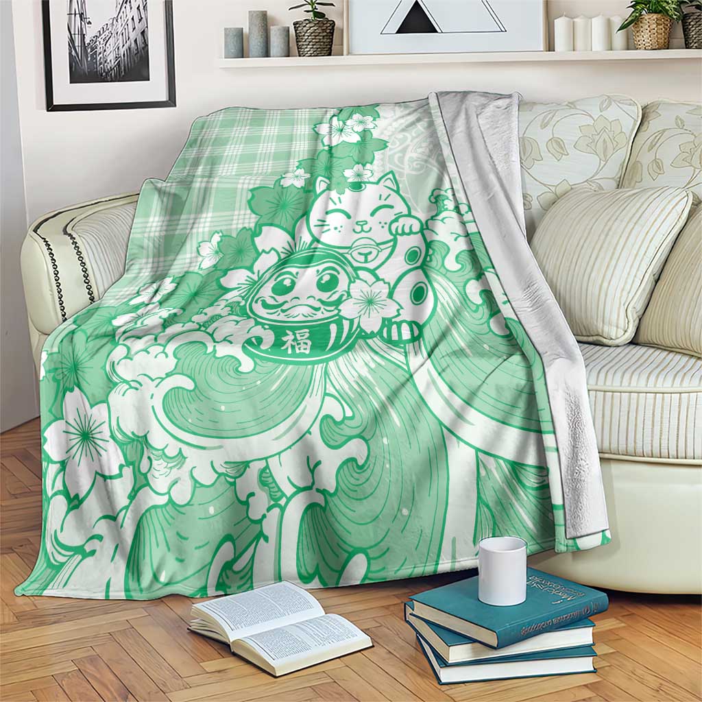 Green Palaka Hawaiian And Japanese Blanket Maneki Neko And Sakura Bloom DT05 Green - Polynesian Pride