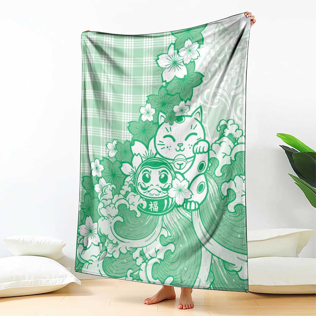 Green Palaka Hawaiian And Japanese Blanket Maneki Neko And Sakura Bloom DT05 - Polynesian Pride