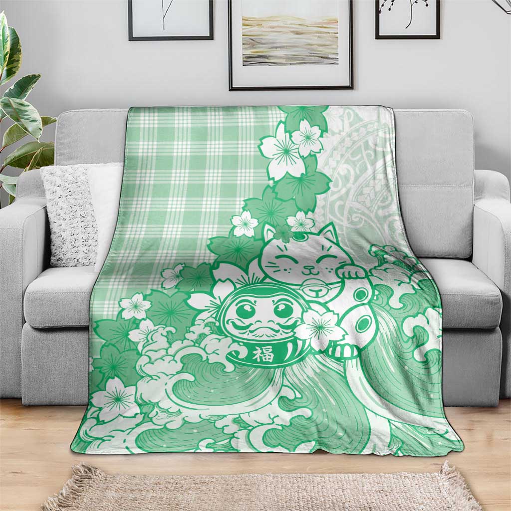 Green Palaka Hawaiian And Japanese Blanket Maneki Neko And Sakura Bloom DT05 - Polynesian Pride