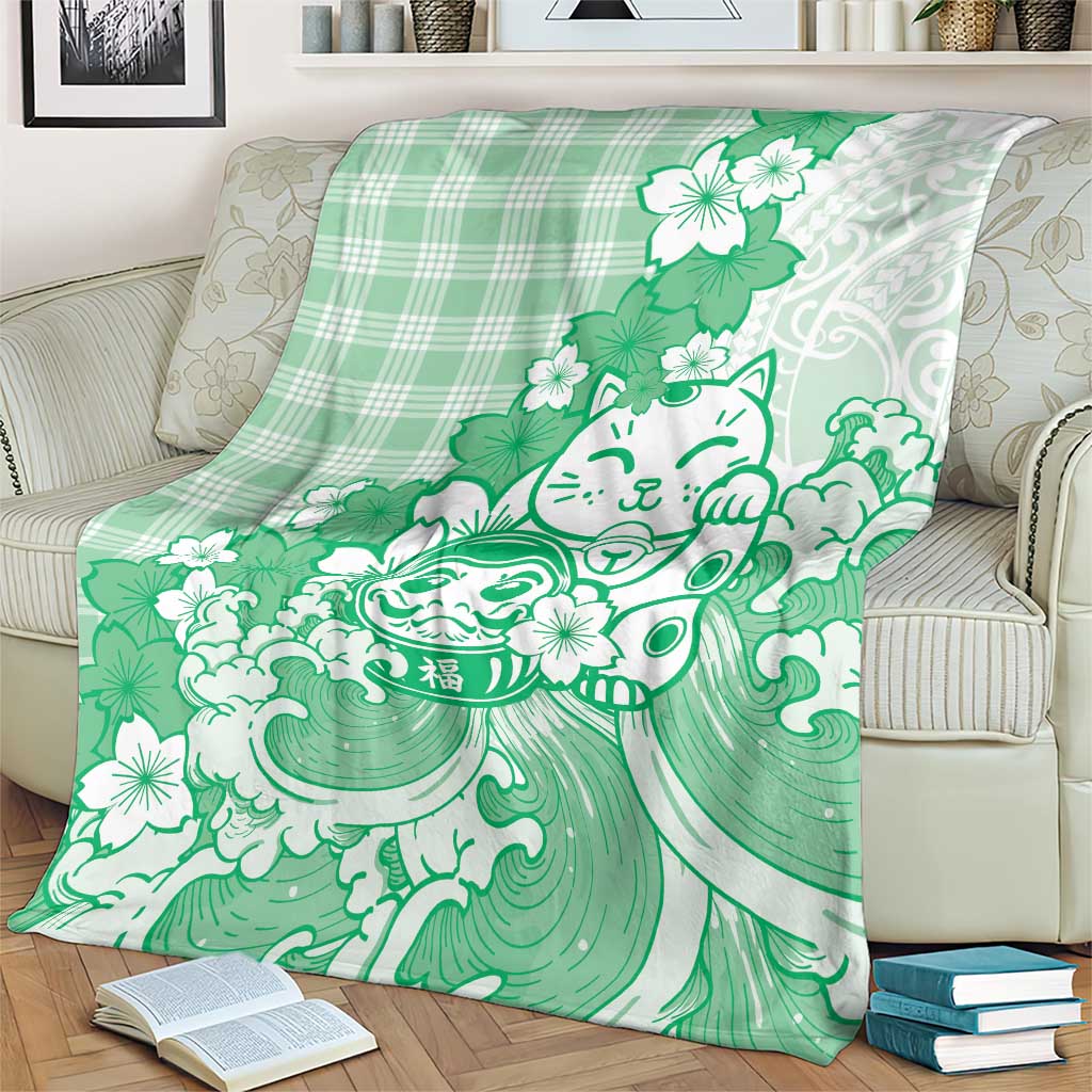 Green Palaka Hawaiian And Japanese Blanket Maneki Neko And Sakura Bloom DT05 - Polynesian Pride
