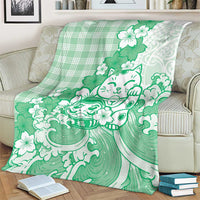 Green Palaka Hawaiian And Japanese Blanket Maneki Neko And Sakura Bloom DT05 - Polynesian Pride