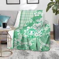 Green Palaka Hawaiian And Japanese Blanket Maneki Neko And Sakura Bloom DT05 - Polynesian Pride