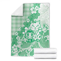 Green Palaka Hawaiian And Japanese Blanket Maneki Neko And Sakura Bloom DT05 - Polynesian Pride