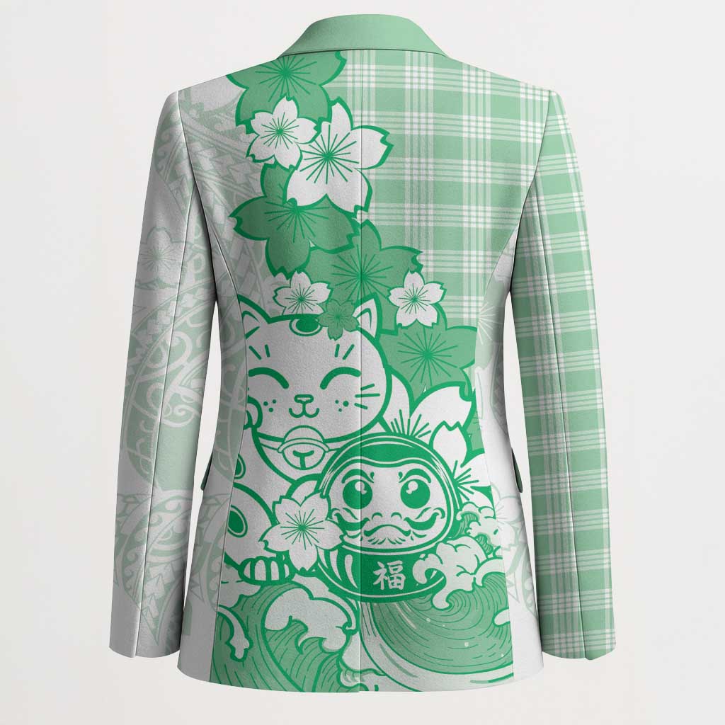 Green Palaka Hawaiian And Japanese Blazer Maneki Neko And Sakura Bloom DT05 - Polynesian Pride