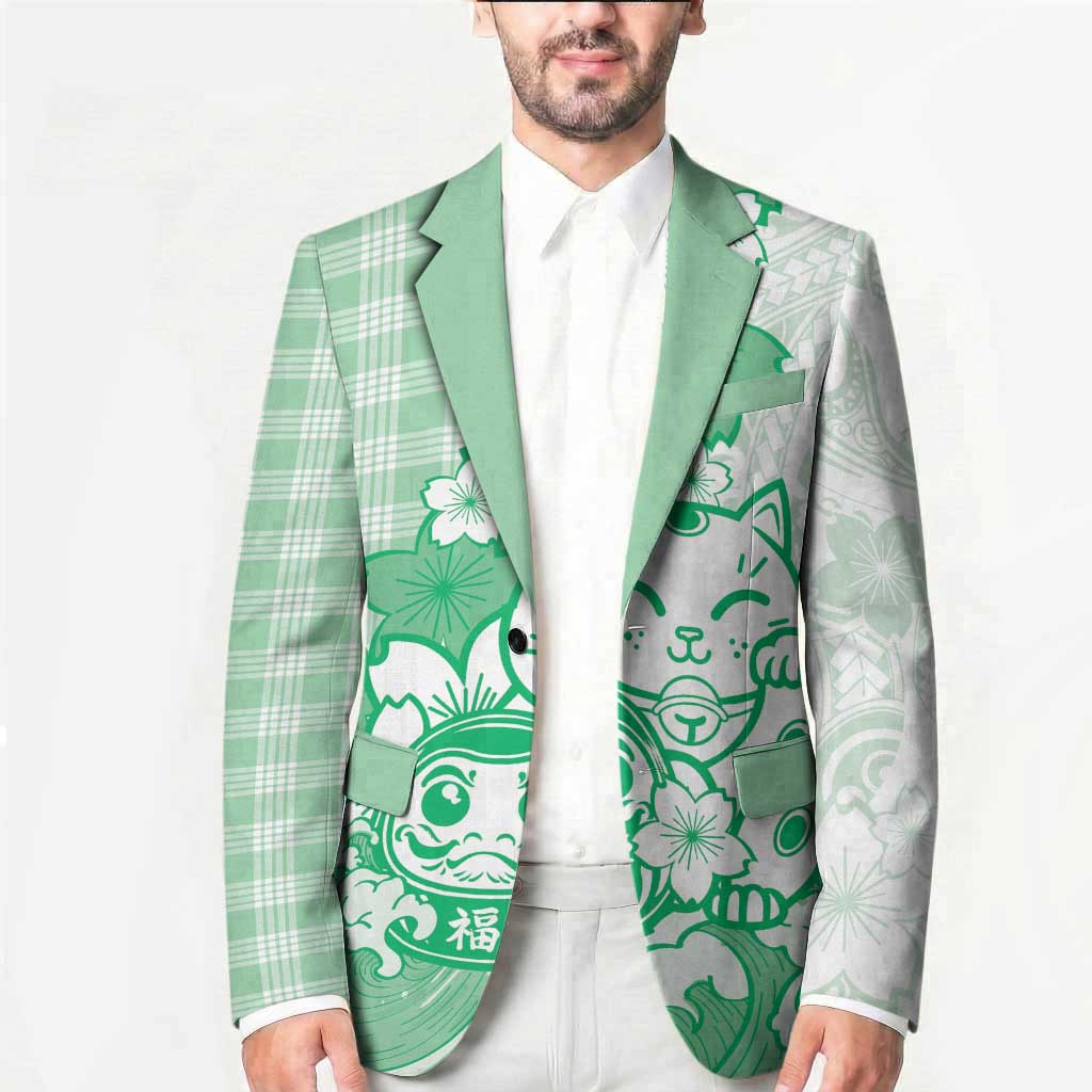 Green Palaka Hawaiian And Japanese Blazer Maneki Neko And Sakura Bloom DT05 - Polynesian Pride