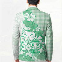 Green Palaka Hawaiian And Japanese Blazer Maneki Neko And Sakura Bloom DT05 - Polynesian Pride