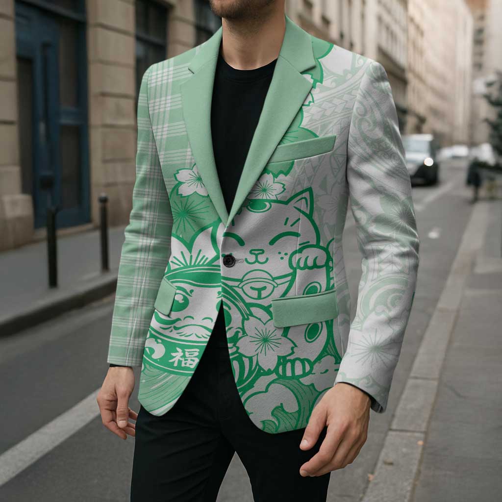 Green Palaka Hawaiian And Japanese Blazer Maneki Neko And Sakura Bloom DT05 - Polynesian Pride