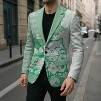 Green Palaka Hawaiian And Japanese Blazer Maneki Neko And Sakura Bloom DT05 - Polynesian Pride