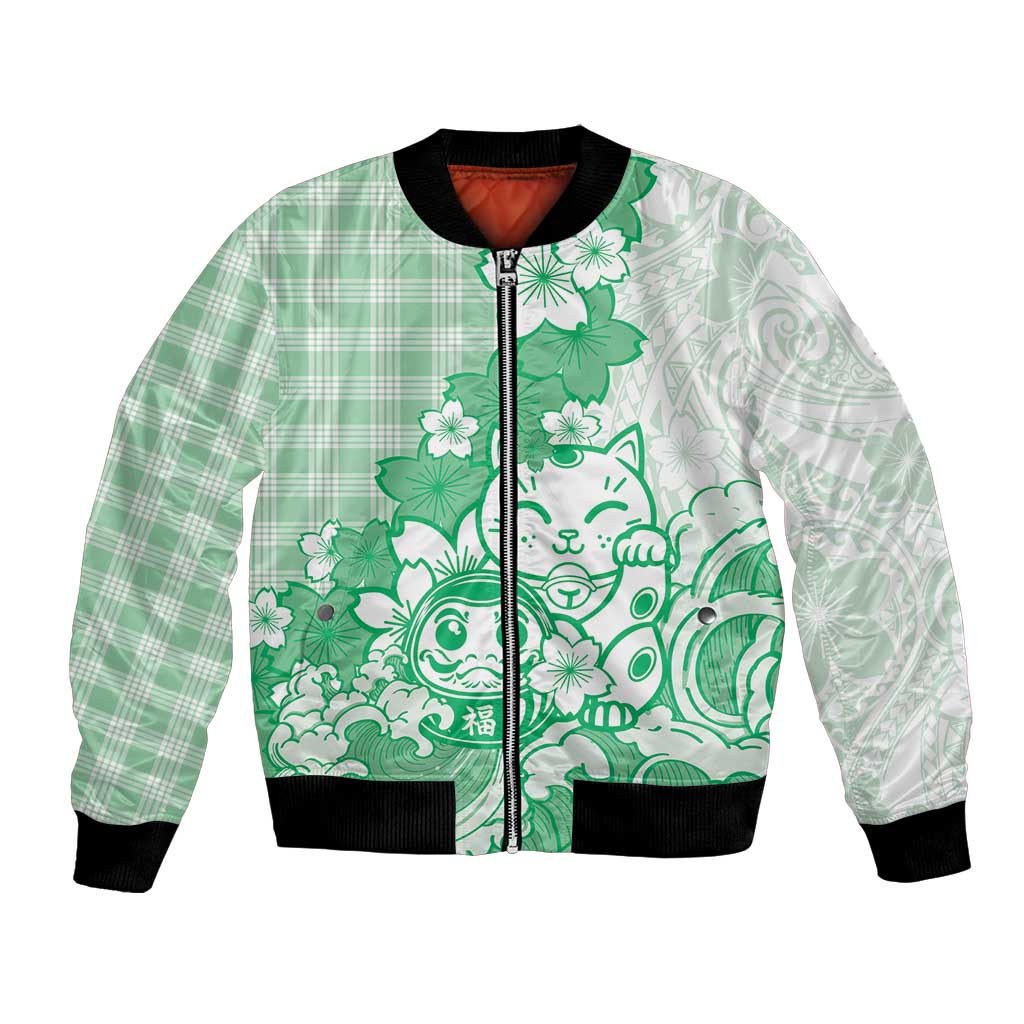 Green Palaka Hawaiian And Japanese Bomber Jacket Maneki Neko And Sakura Bloom