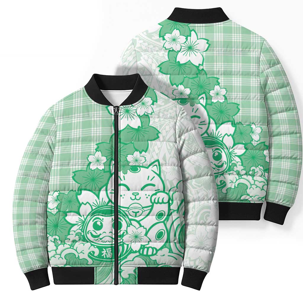 Green Palaka Hawaiian And Japanese Bomber Puffer Jacket Maneki Neko And Sakura Bloom DT05 - Polynesian Pride