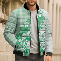 Green Palaka Hawaiian And Japanese Bomber Puffer Jacket Maneki Neko And Sakura Bloom DT05 - Polynesian Pride