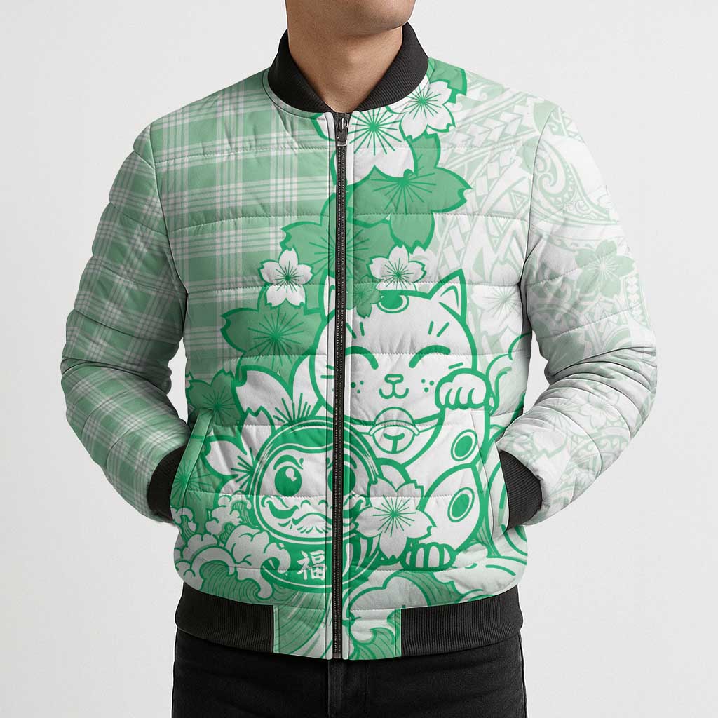 Green Palaka Hawaiian And Japanese Bomber Puffer Jacket Maneki Neko And Sakura Bloom DT05 - Polynesian Pride