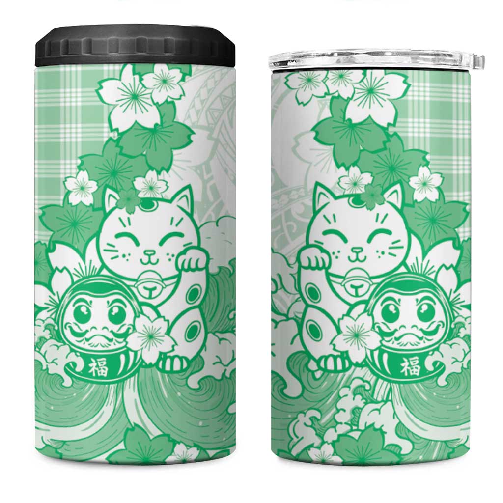 Green Palaka Hawaiian And Japanese 4 in 1 Can Cooler Tumbler Maneki Neko And Sakura Bloom DT05 One Size: 16 oz Green - Polynesian Pride