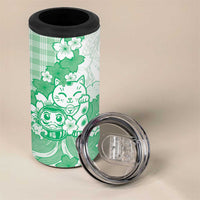 Green Palaka Hawaiian And Japanese 4 in 1 Can Cooler Tumbler Maneki Neko And Sakura Bloom DT05 - Polynesian Pride
