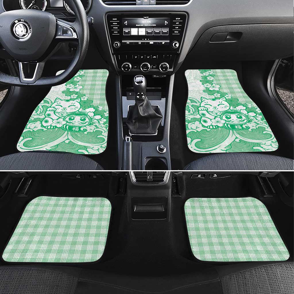 Green Palaka Hawaiian And Japanese Car Mats Maneki Neko And Sakura Bloom DT05 Set 4pcs Green - Polynesian Pride