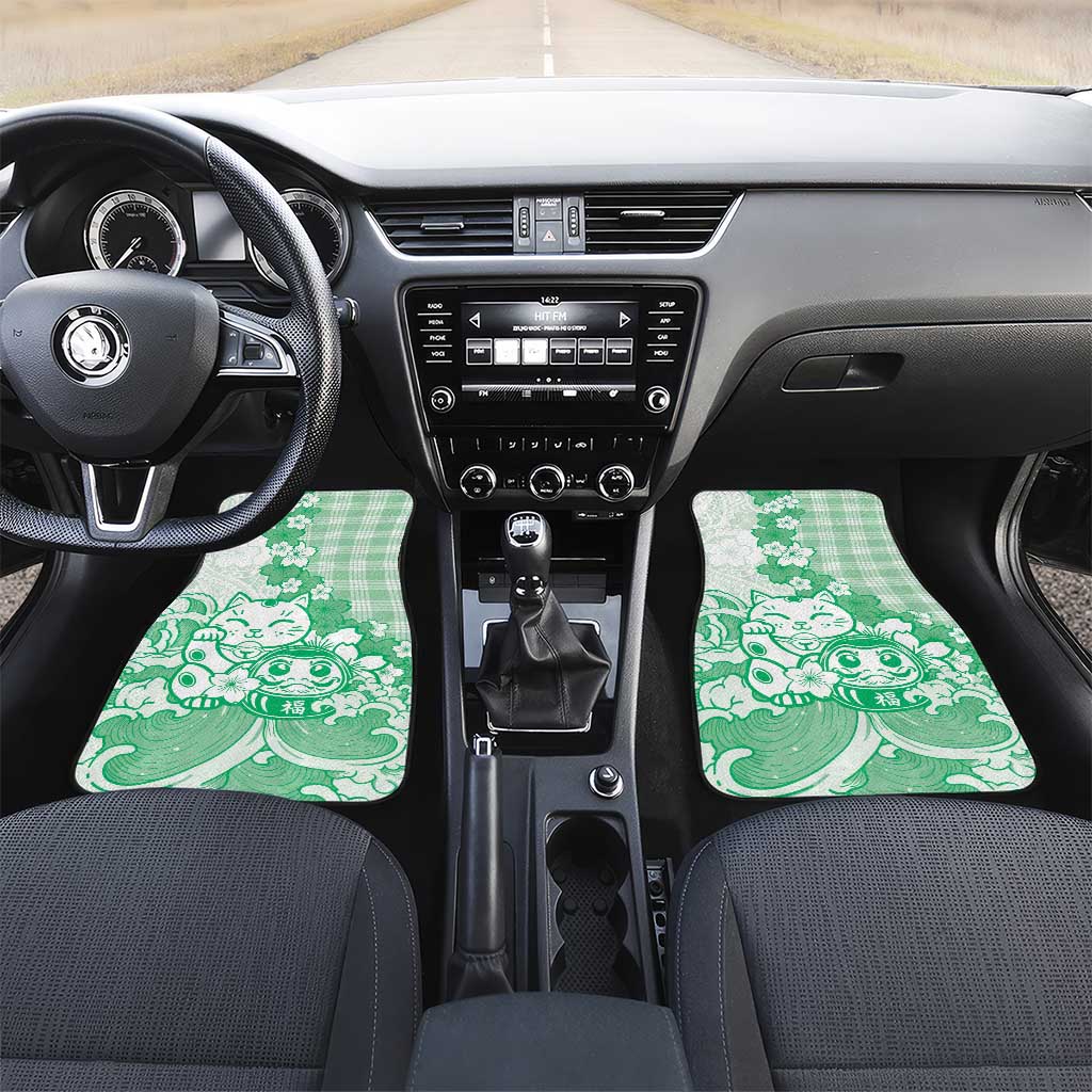 Green Palaka Hawaiian And Japanese Car Mats Maneki Neko And Sakura Bloom DT05 Set 2pcs - Front Green - Polynesian Pride