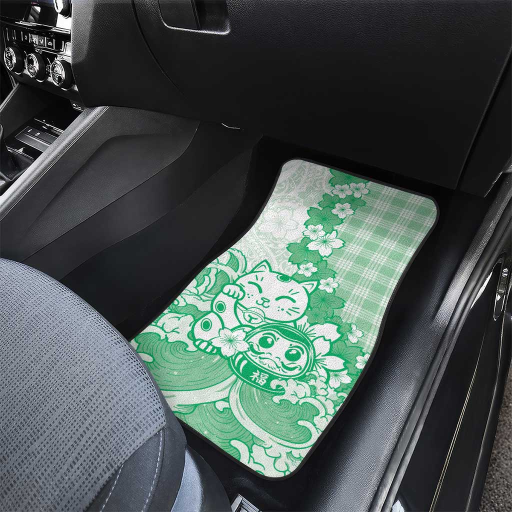 Green Palaka Hawaiian And Japanese Car Mats Maneki Neko And Sakura Bloom DT05 - Polynesian Pride