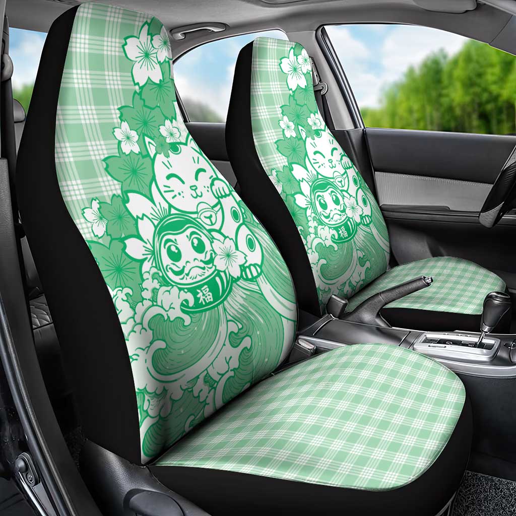 Green Palaka Hawaiian And Japanese Car Seat Cover Maneki Neko And Sakura Bloom DT05 - Polynesian Pride